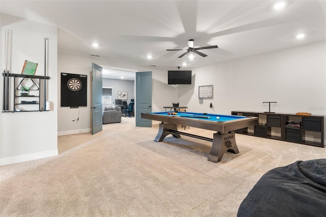 rec room featuring light carpet, billiards, baseboards, ceiling fan, and recessed lighting