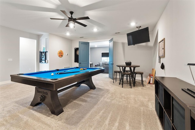 game room featuring visible vents, baseboards, light colored carpet, pool table, and recessed lighting