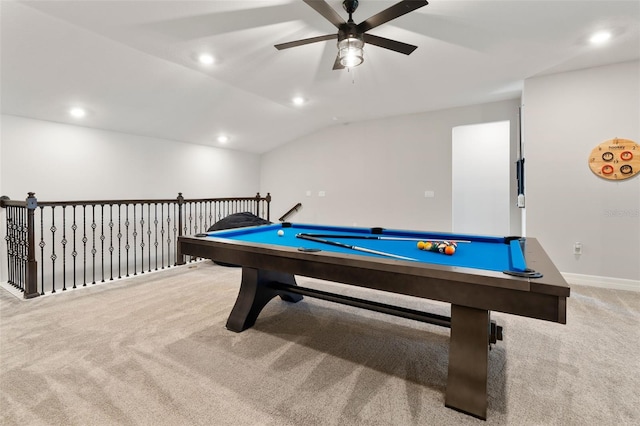 playroom featuring vaulted ceiling, pool table, carpet, and recessed lighting