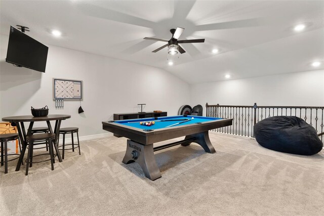 playroom featuring vaulted ceiling, pool table, carpet, and recessed lighting