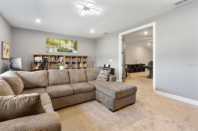 living room with baseboards, recessed lighting, visible vents, and light colored carpet