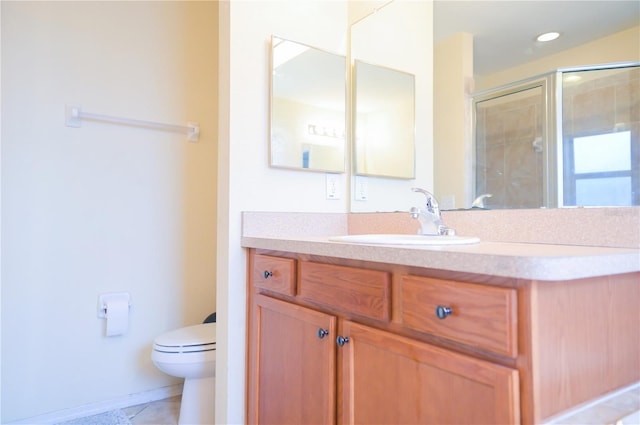 full bath with recessed lighting, toilet, vanity, tile patterned flooring, and tiled shower