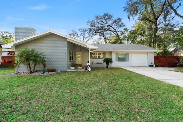 ranch-style house featuring a garage, driveway, a chimney, fence, and brick siding