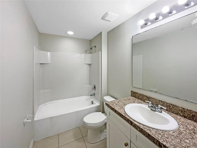 full bath featuring tile patterned flooring, shower / tub combination, vanity, and toilet