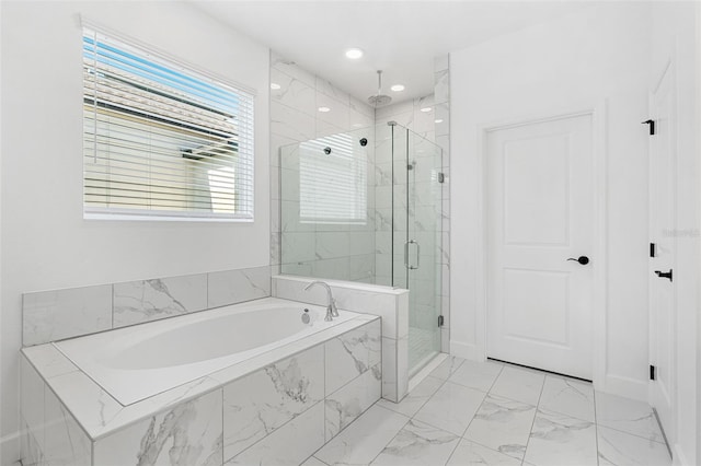 full bathroom featuring a garden tub, a marble finish shower, recessed lighting, and marble finish floor