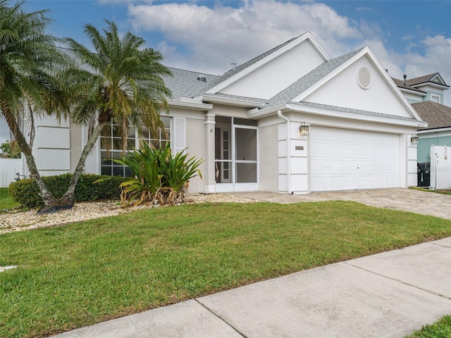 ranch-style home featuring an attached garage, a front lawn, decorative driveway, and stucco siding