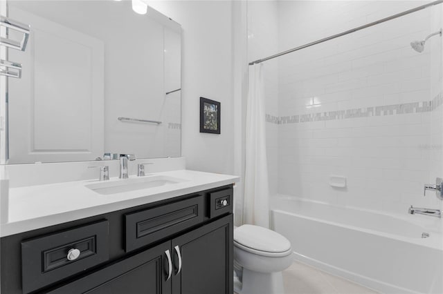 full bathroom with toilet, tile patterned flooring, shower / bath combo with shower curtain, and vanity