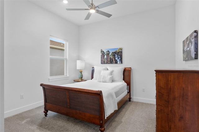 carpeted bedroom featuring a ceiling fan, recessed lighting, and baseboards