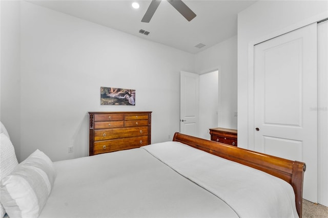 bedroom with recessed lighting, visible vents, and a ceiling fan