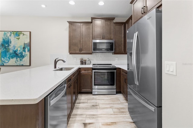 kitchen featuring light wood-style flooring, decorative backsplash, appliances with stainless steel finishes, a sink, and a peninsula