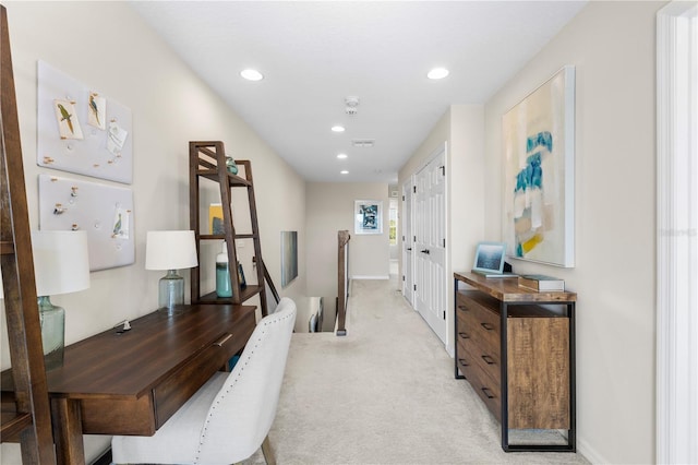 hallway featuring recessed lighting, light carpet, visible vents, baseboards, and an upstairs landing