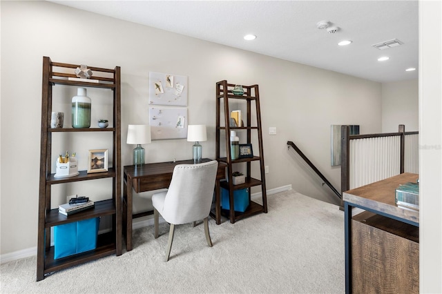 home office with baseboards, carpet floors, visible vents, and recessed lighting