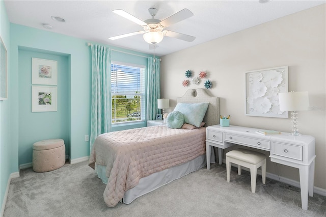 bedroom featuring carpet flooring, ceiling fan, and baseboards