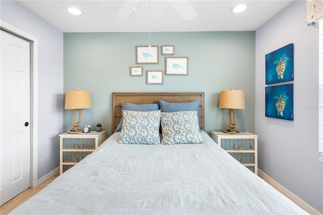 bedroom with baseboards, a ceiling fan, and recessed lighting