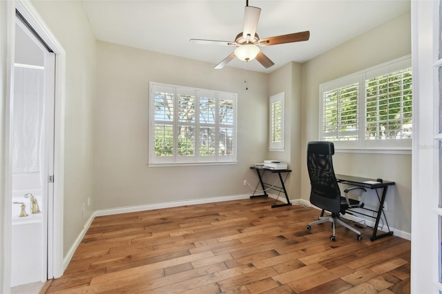 office with ceiling fan, hardwood / wood-style floors, and baseboards