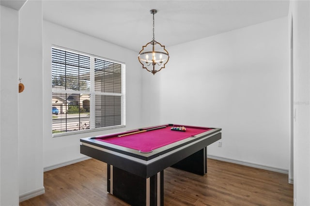 playroom with billiards, baseboards, and wood finished floors