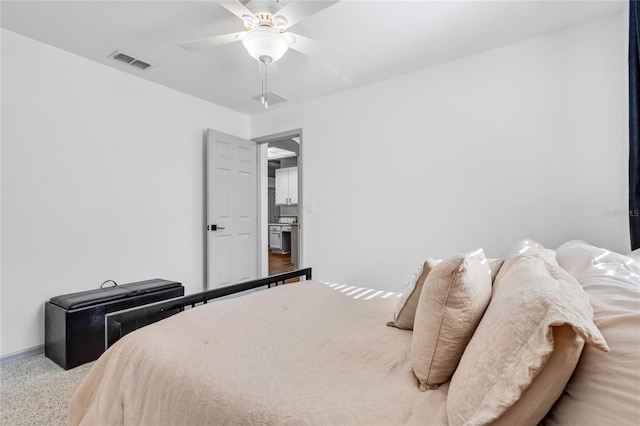 bedroom featuring visible vents, ceiling fan, and baseboards