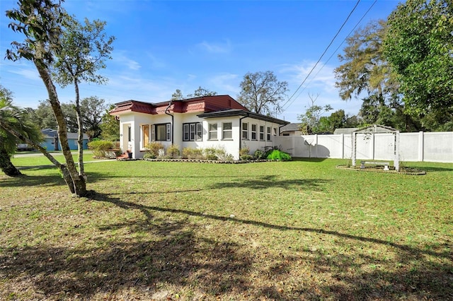 back of property featuring a yard, a fenced backyard, and stucco siding