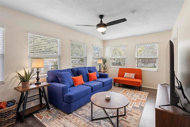 living area featuring ceiling fan, a textured ceiling, baseboards, and wood finished floors