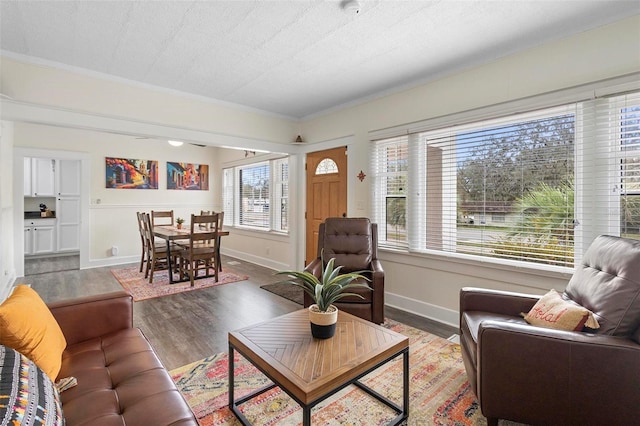 living area featuring a textured ceiling, ornamental molding, wood finished floors, and baseboards