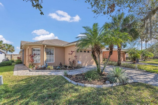 view of front of house with a front lawn, driveway, an attached garage, and stucco siding