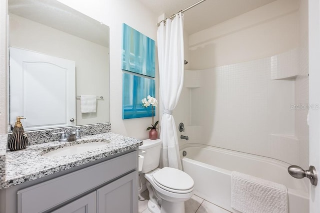 full bath with visible vents, shower / tub combo, vanity, and toilet