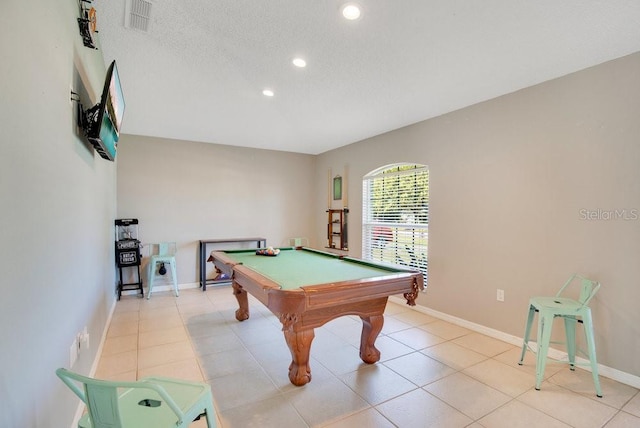 rec room featuring baseboards, visible vents, pool table, light tile patterned flooring, and recessed lighting