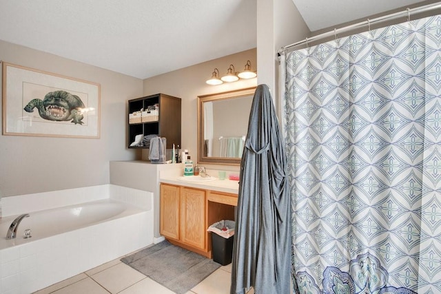 bathroom featuring vanity, a shower with shower curtain, tile patterned flooring, and a bath