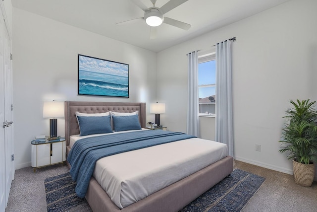 bedroom featuring carpet floors, ceiling fan, and baseboards