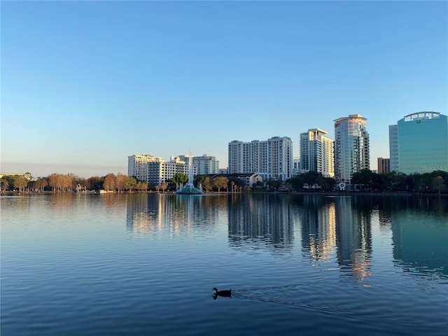 view of water feature with a city view