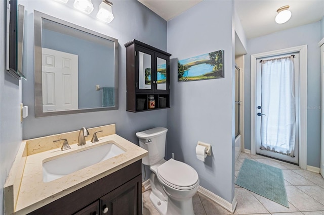 full bath featuring tile patterned flooring, baseboards, vanity, and toilet