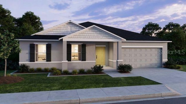 ranch-style home with driveway, a yard, an attached garage, and stucco siding