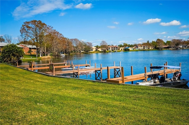 dock area with a water view and a yard