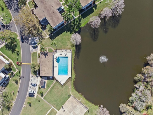 drone / aerial view featuring a water view