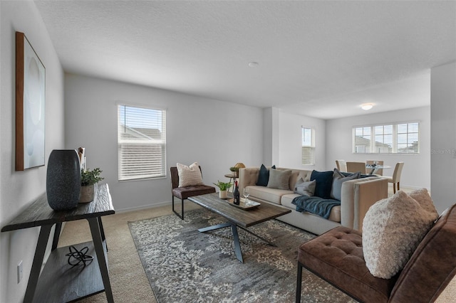 living area with a healthy amount of sunlight, carpet, baseboards, and a textured ceiling