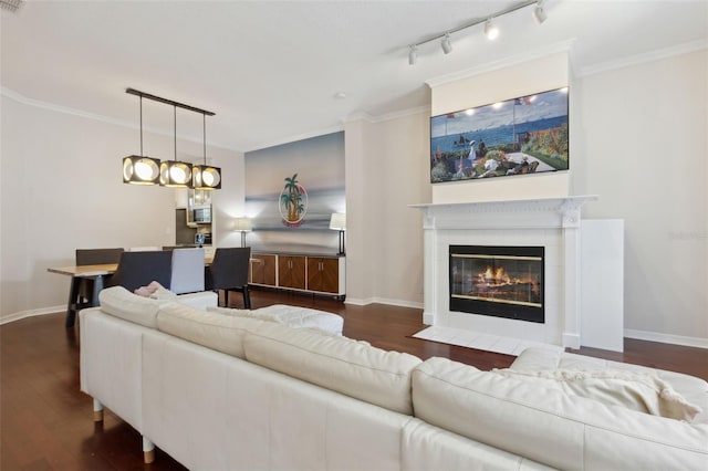 living room featuring dark wood-type flooring and crown molding