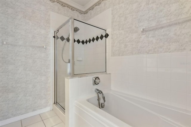 full bathroom with ornamental molding, a shower stall, a bath, tile patterned floors, and wallpapered walls