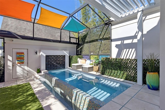 view of swimming pool with a lanai, a patio area, and a hot tub