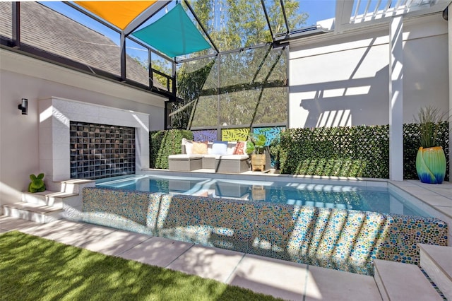 view of swimming pool featuring an outdoor hangout area and a lanai