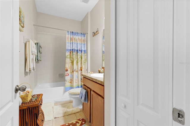 full bathroom with toilet, shower / bathtub combination with curtain, tile patterned flooring, and vanity