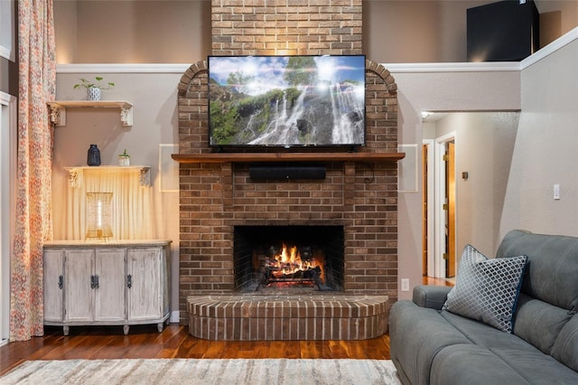 living area with a fireplace and wood finished floors