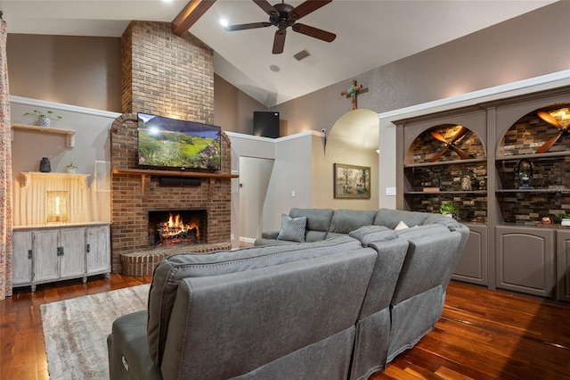 living room with high vaulted ceiling, visible vents, a brick fireplace, beamed ceiling, and wood-type flooring