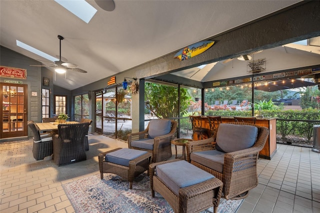 view of patio with a ceiling fan, an outdoor living space, and a gazebo