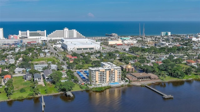 drone / aerial view featuring a water view and a city view