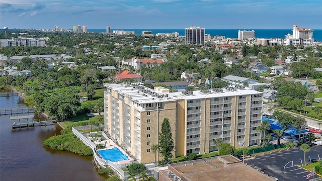 drone / aerial view with a water view and a city view