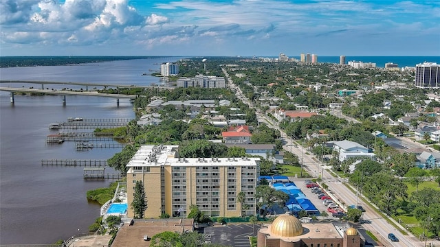 aerial view featuring a water view