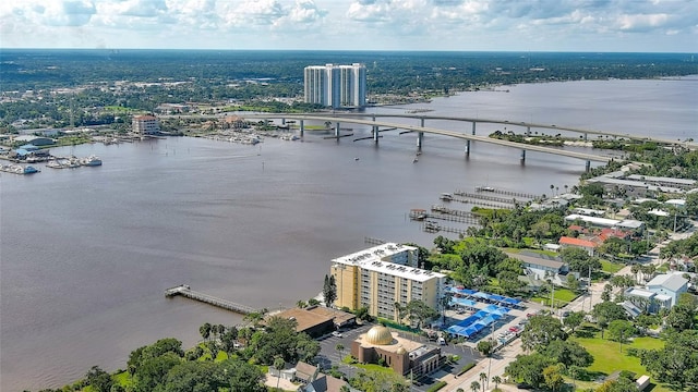 aerial view with a view of city and a water view