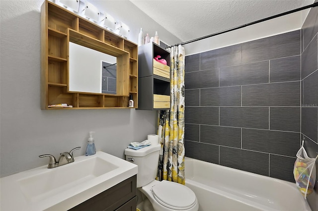 bathroom with toilet, a textured ceiling, shower / bath combination with curtain, and vanity