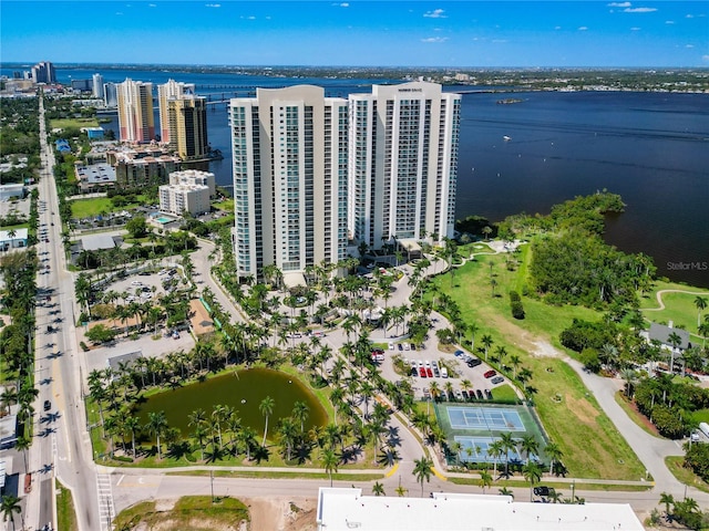 bird's eye view with a view of city and a water view