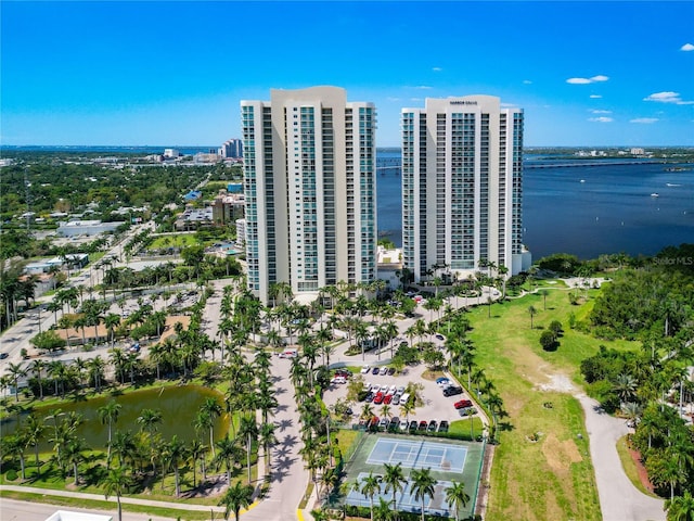 aerial view with a view of city and a water view